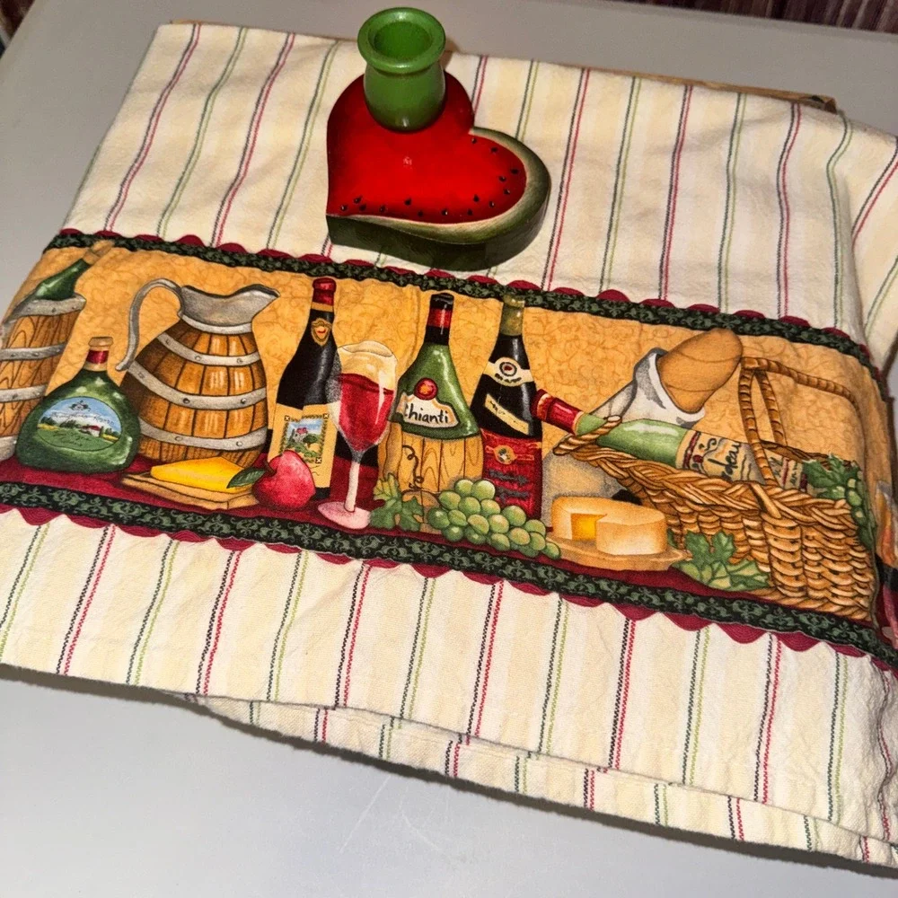 Norton Watermelon Heart Wood Candle Holder Wine Vineyard Tea Towel Set Red Green